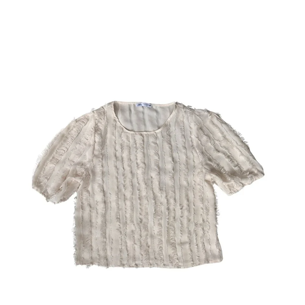 Zara Women Cream Textured Fringe Puff Sleeve Blouse Round Neck Off White Medium